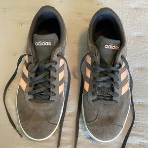 Grey Suede Adidas with Pink stripes SIZE 8 1/2 woman's